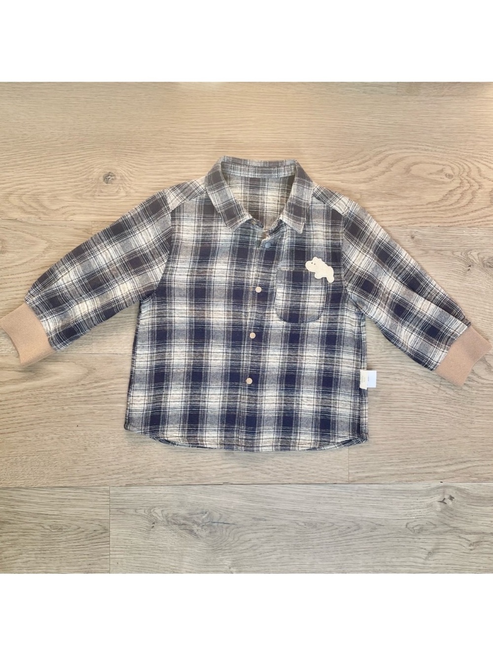 NWT NEW M.Latin Hippo Patch Plaid Flannel Navy Beige Kids Shirt Snaps 90cm 2T-3T